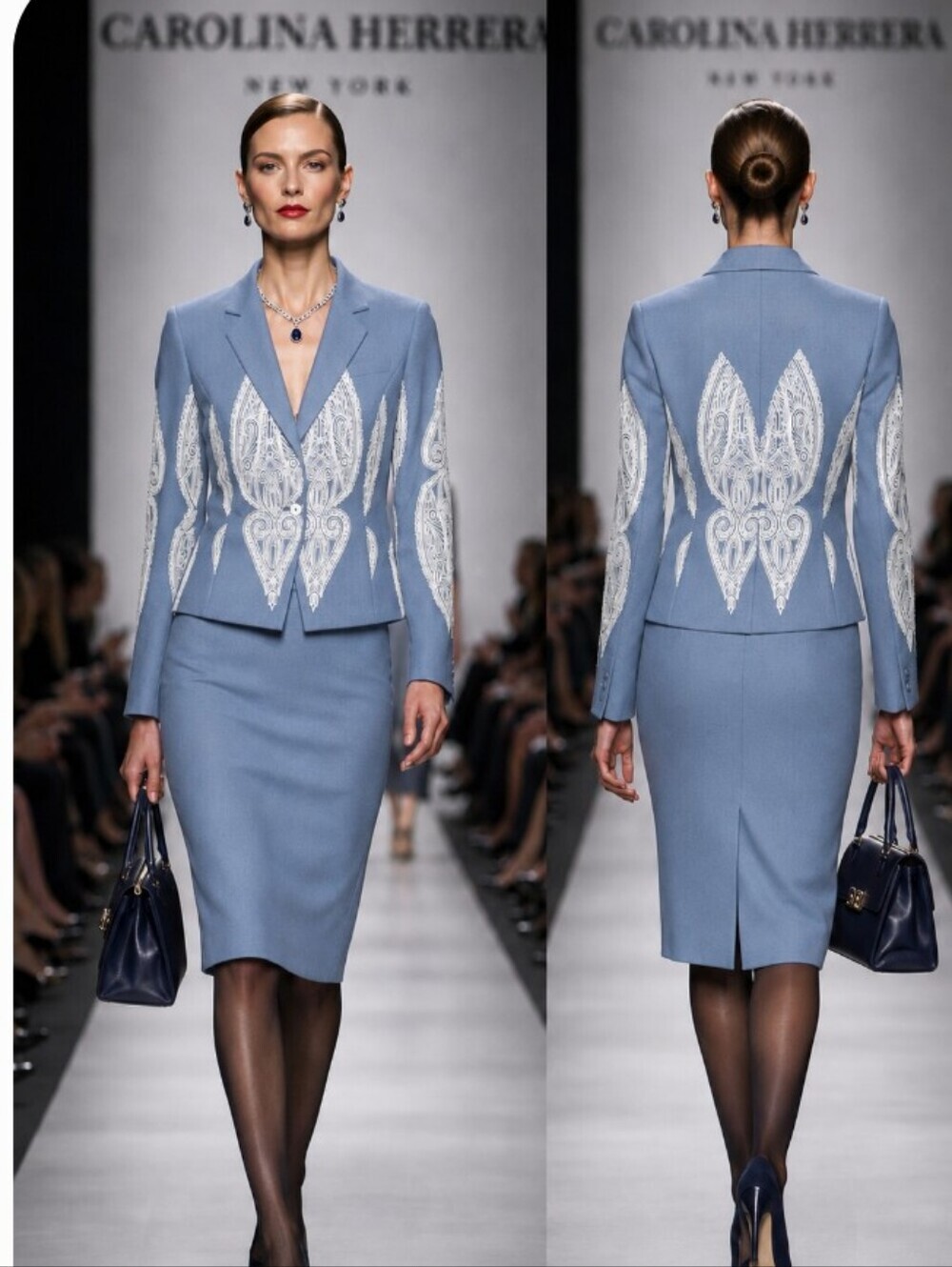 Carolina Herrera 12 Blue Gray Ivory Jacquard Embroidered Peak Lapel Skirt Suit - Picture 8 of 8